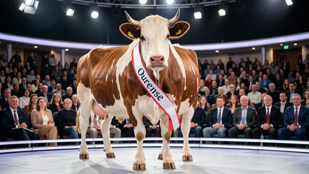Imaxe dunha vaca premiada cunha banda de Ourense nun plató de televisión.
