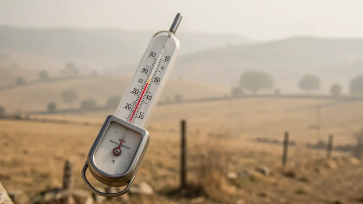 Imaxe xenérica dun termómetro marcando unha temperatura moi alta nunha paisaxe galega soleada e con néboa de calor.