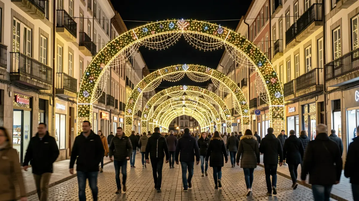 Imaxe xenérica de rúas de Ourense decoradas con arcos e luces de Nadal.