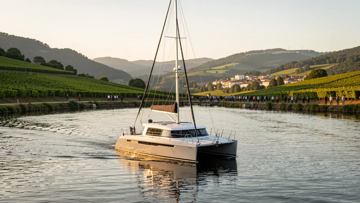 Imagen de un catamarán eléctrico navegando en un embalse gallego rodeado de paisajes verdes y viñedos.