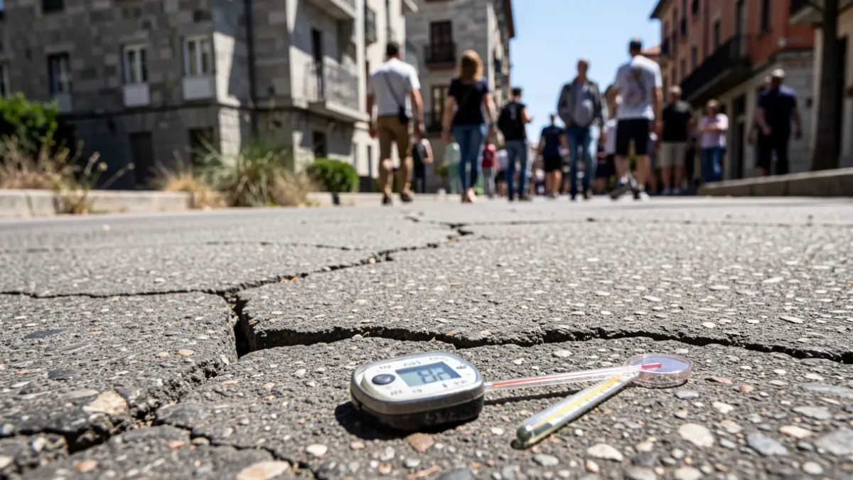 Imaxe xenérica de asfalto rachado baixo o sol intenso en Ourense, con pouca vexetación.