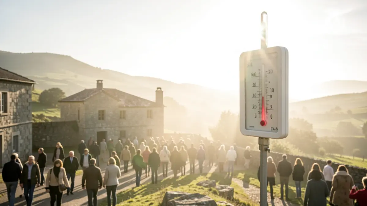 Imaxe xenérica dun termómetro marcando unha temperatura moi alta nunha paisaxe galega soleada con arquitectura de granito.