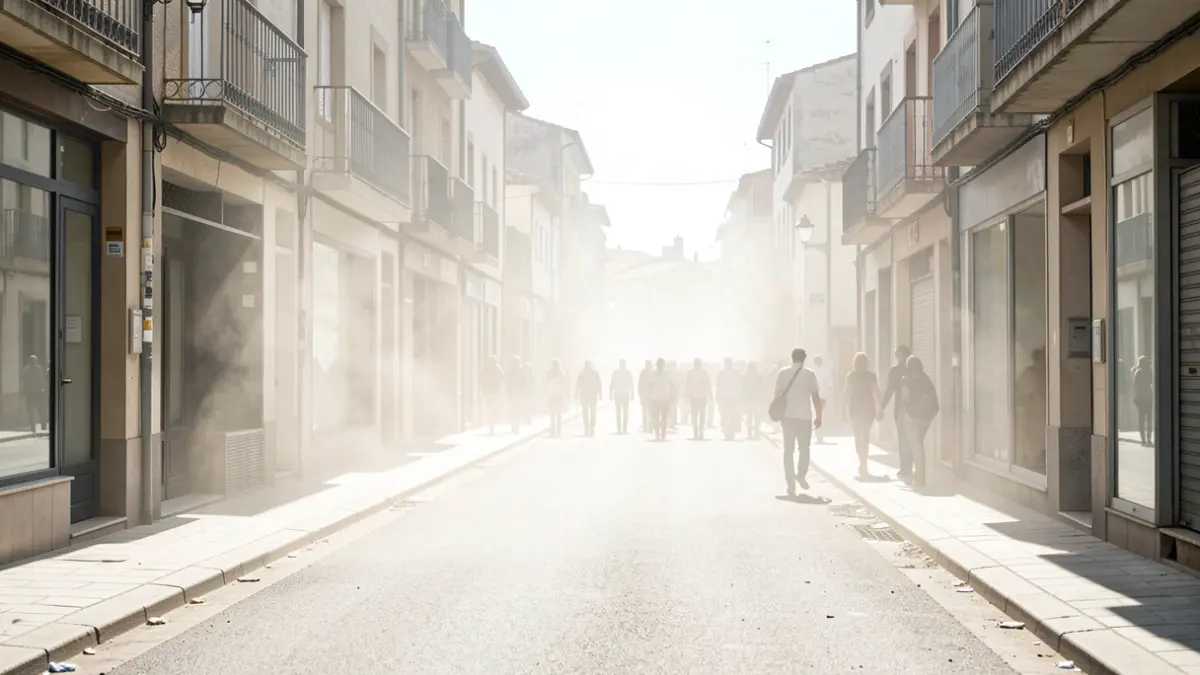 Calle desierta en Ourense durante una ola de calor, con bruma de calor ascendiendo del asfalto y luz solar intensa.