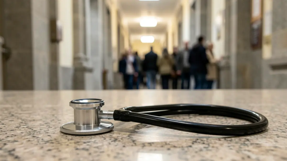 Imaxe xenérica dun estetoscopio sobre un fondo borroso dun hospital galego.