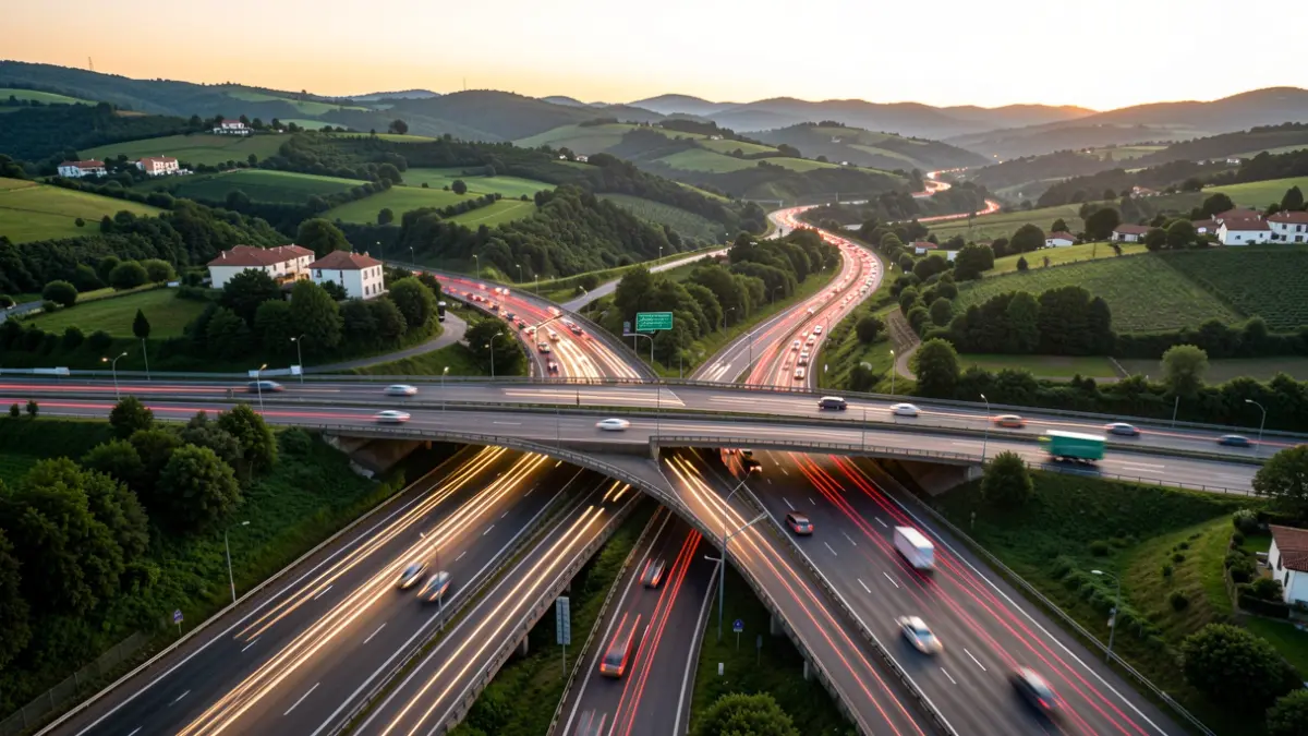 Imaxe xenérica de tráfico nunha autoestrada galega ao atardecer.