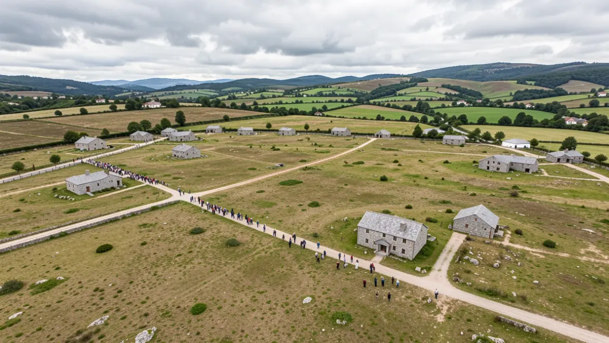 Imaxe aérea dunha gran zona de terreo residencial sen desenvolver en Galicia, con edificios de pedra de granito dispersos e outeiros verdes ao fondo, baixo un ceo nubrado.