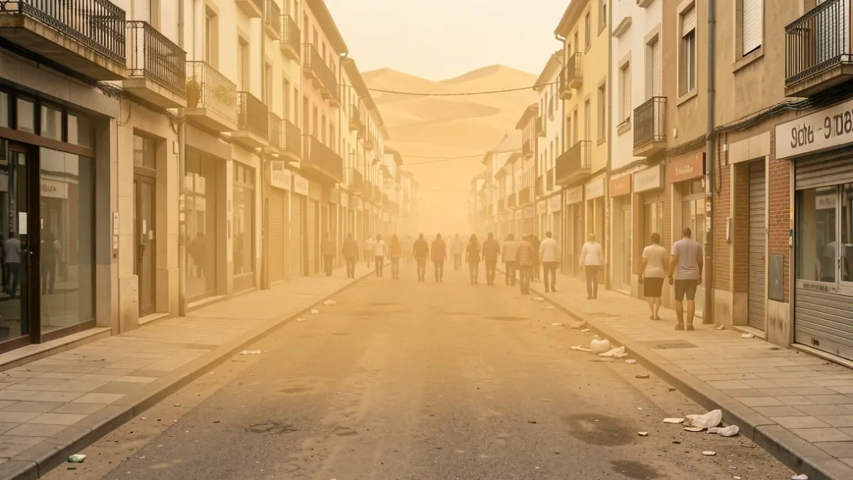 Imaxe dunha rúa comercial deserta en Ourense durante unha vaga de calor, con elementos visuais que lembran o deserto de Mario Bros.