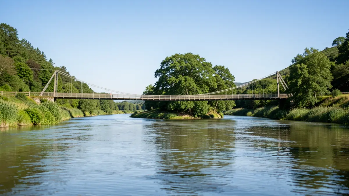 Imaxe xenérica dunha illa fluvial galega con ponte colgante e vexetación frondosa.