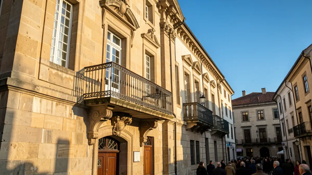 Imaxe xenérica dun edificio institucional galego con detalles de pedra e balcón de ferro.