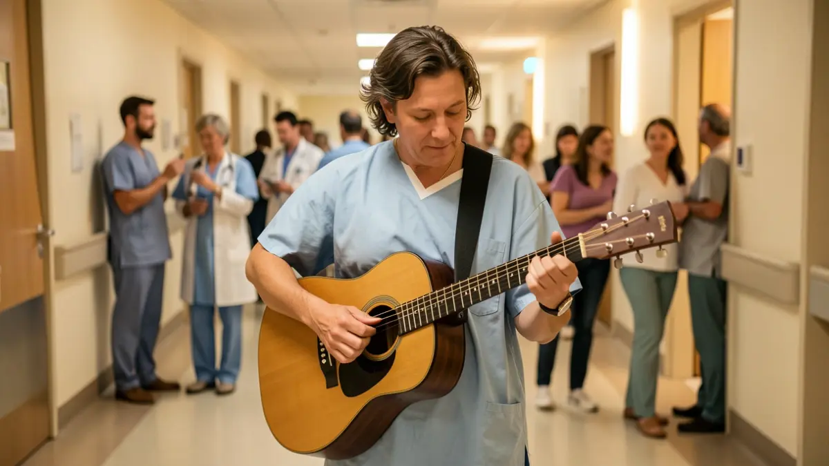 Imagen de un paciente tocando la guitarra en un pasillo de hospital.