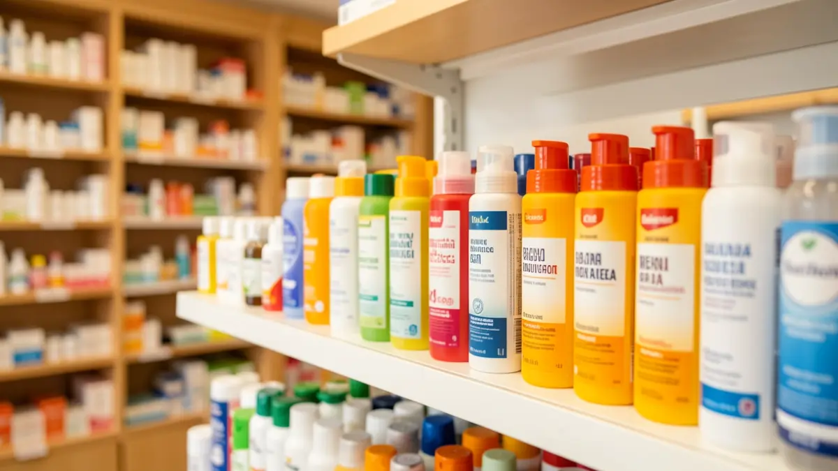 Imagen genérica de botellas de protector solar en un establecimiento de farmacia.