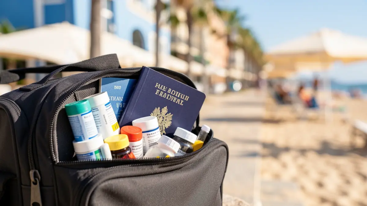 Imaxe xenérica dunha maleta de viaxe médica con medicamentos e pasaporte.