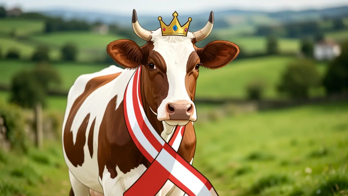 Imaxe xenérica dunha vaca galega con banda e coroa, simbolizando a gañadora dun concurso.