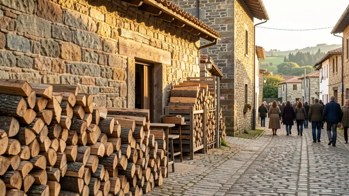 Imaxe dunha panadaría tradicional de pedra nunha aldea galega con leña apilada.