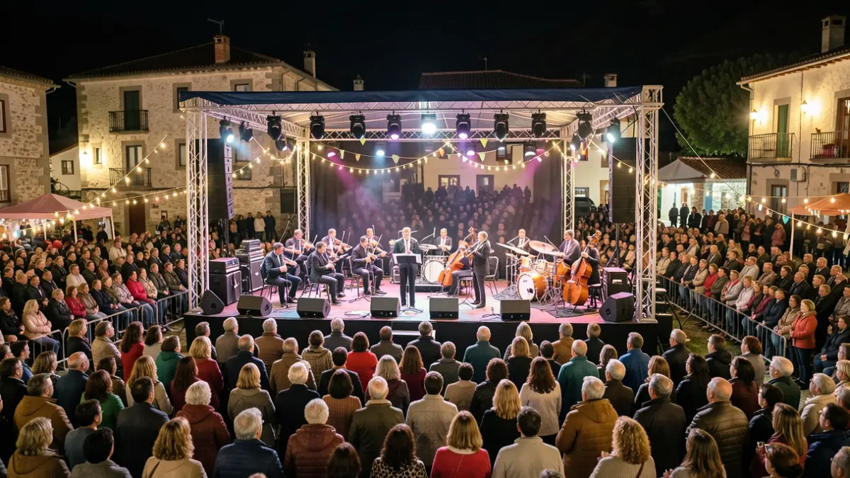 Imagen genérica de dos orquestas actuando en un escenario exterior durante un festival nocturno en Galicia.