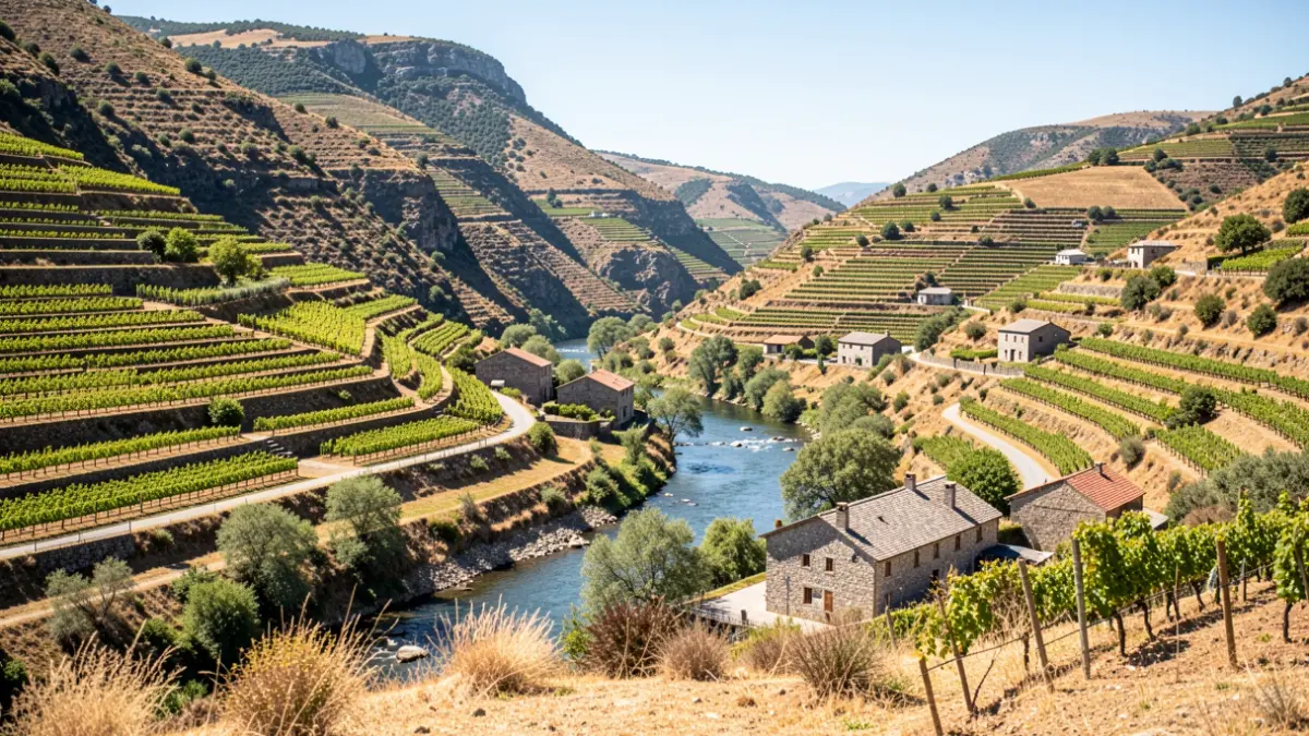 Imagen genérica de un valle soleado en Galicia con viñedos en terrazas y edificios de granito.