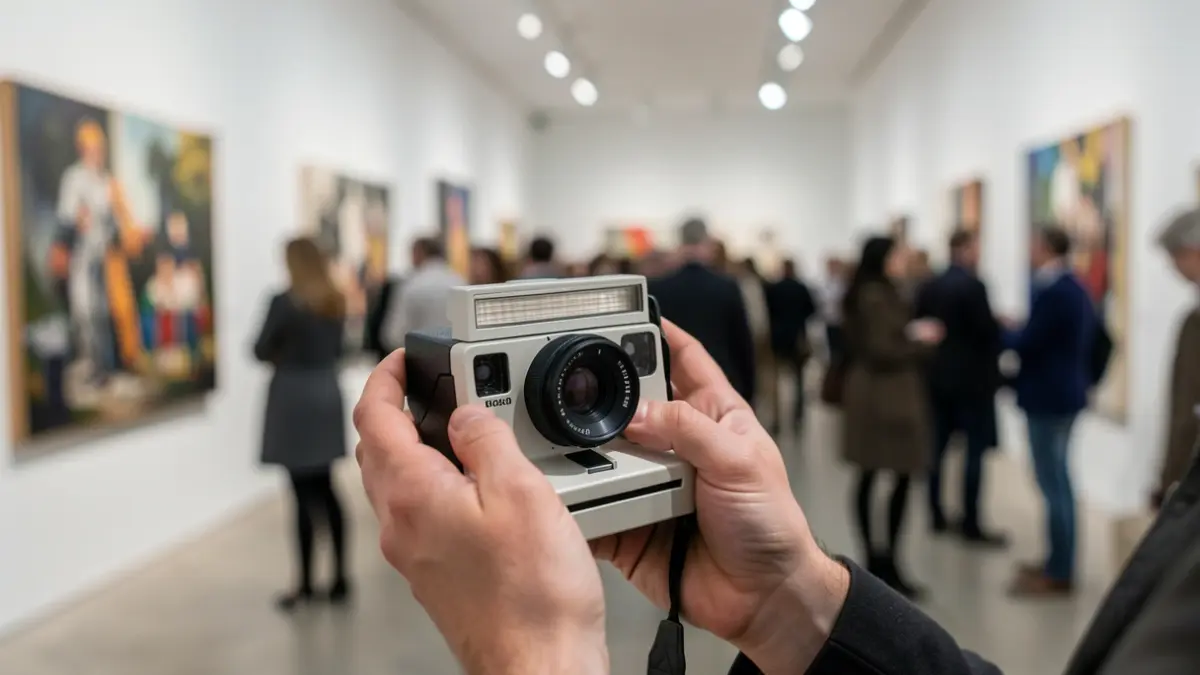 Primeira plana dunha cámara Polaroid antiga nas mans dun fotógrafo cunha galería de arte moderna desenfocada ao fondo.