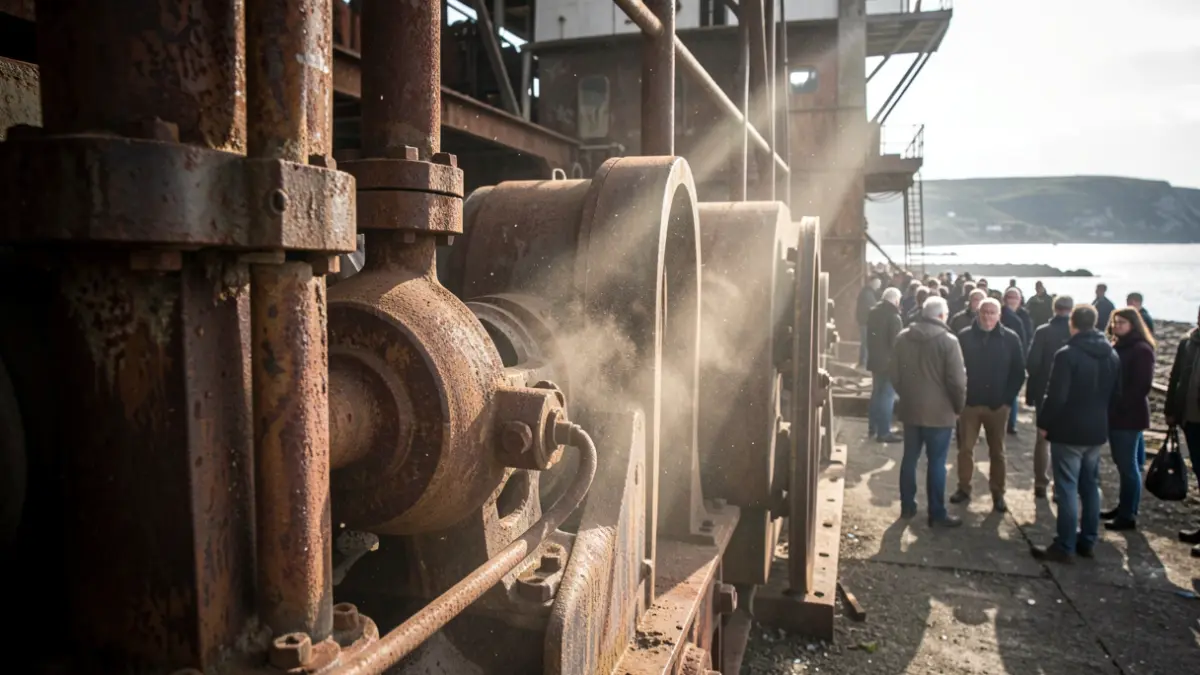 Primeira imaxe dunha vella maquinaria industrial nun estaleiro abandonado.