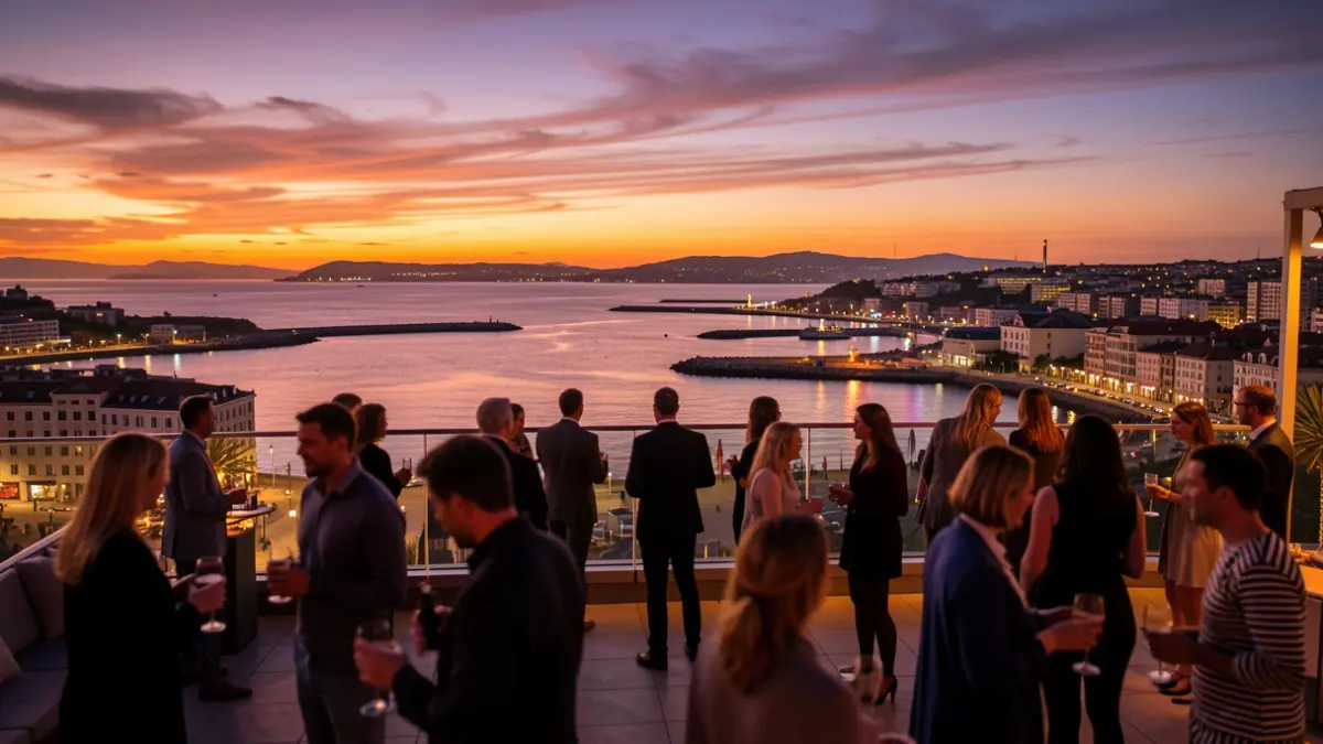 Imagen genérica de una terraza con vistas a la ría de Vigo al atardecer.