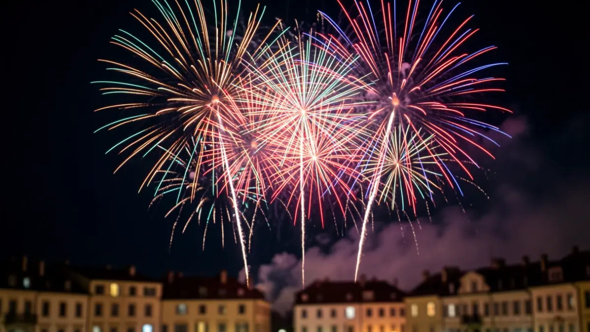 Imaxe xenérica de fogos artificiais explotando no ceo nocturno.