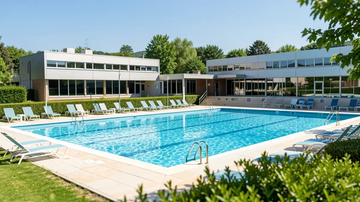 Imaxe xenérica dunha piscina municipal galega con auga clara e arredores verdes.