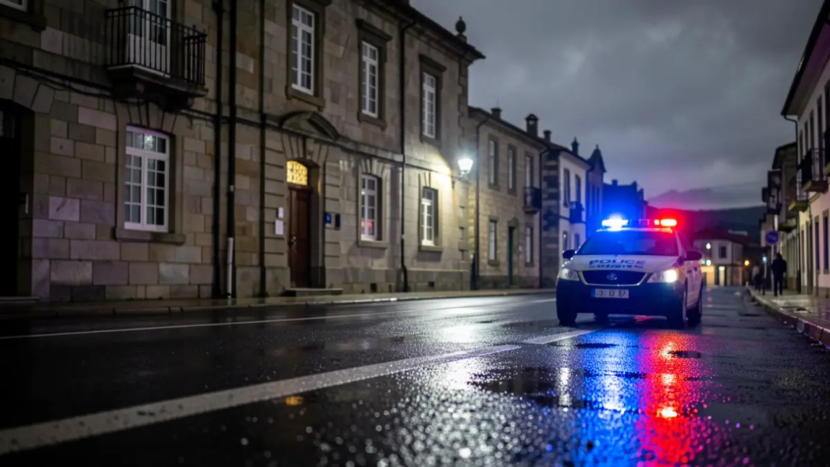 Imaxe xenérica de luces de emerxencia da policía reflectidas no asfalto mollado pola noite.