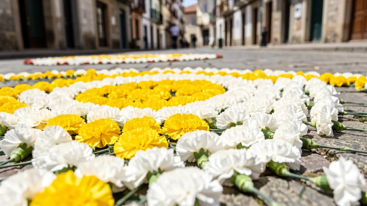 Detalle dunha alfombra floral elaborada con caraveis brancos e amarelos.