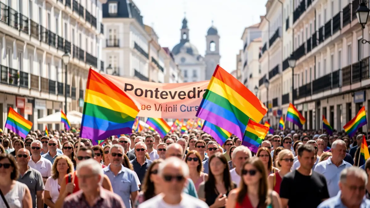 Imaxe xenérica dunha manifestación do Orgullo LGTBIQ+ en Pontevedra con bandeiras arco da vella.