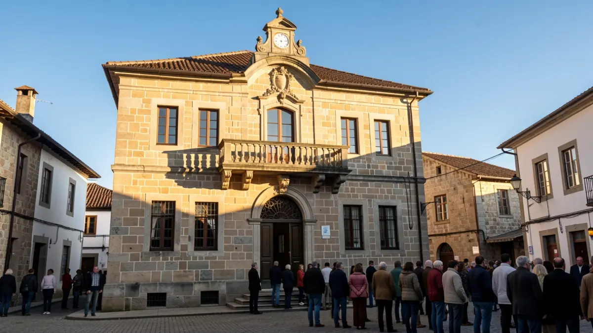 Imagen genérica de un ayuntamiento de piedra gallego con balcón ornamentado, luz de tarde.