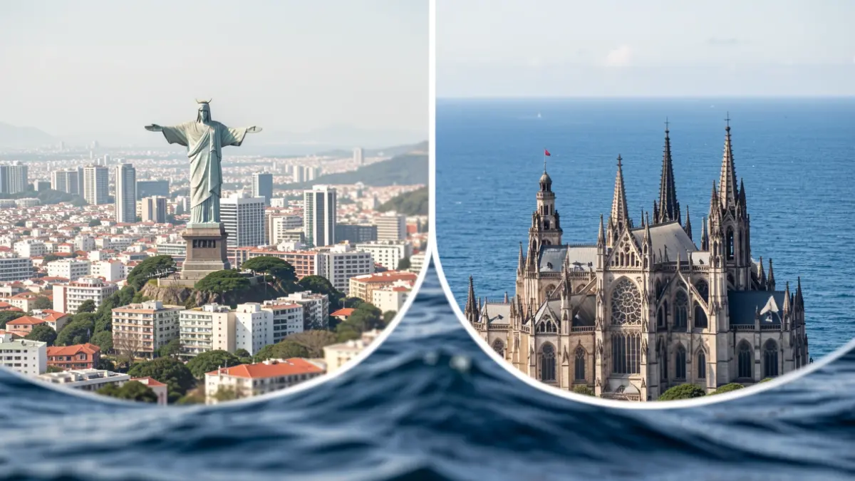 Imaxe xenérica de dúas cidades separadas polo océano, simbolizando a cooperación internacional contra o crime.