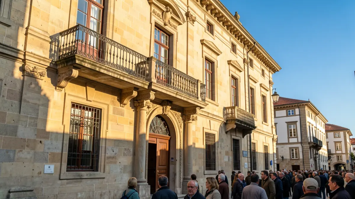 Imaxe xenérica dun concello galego de pedra con balcón ornamentado.
