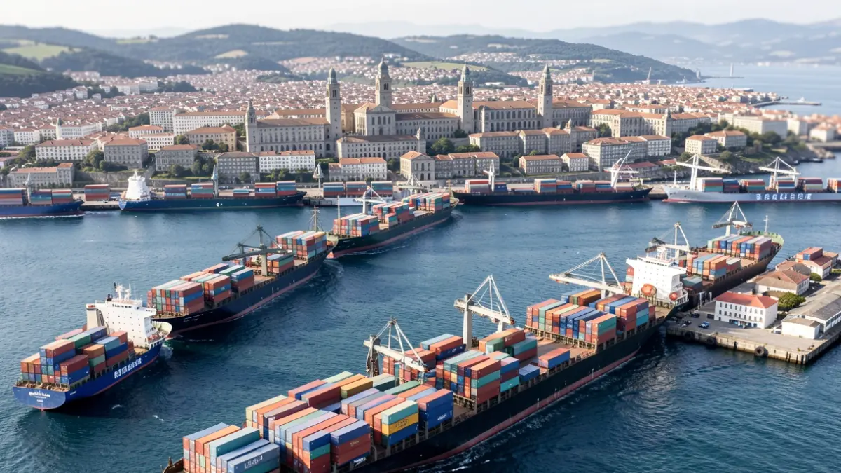 Vista aérea de un puerto con carga, simbolizando la internacionalización económica de Pontevedra.