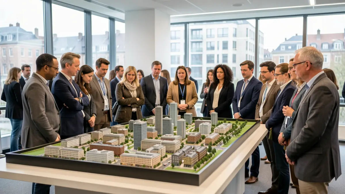 Imaxe xenérica de persoas observando un modelo urbano nun edificio municipal.