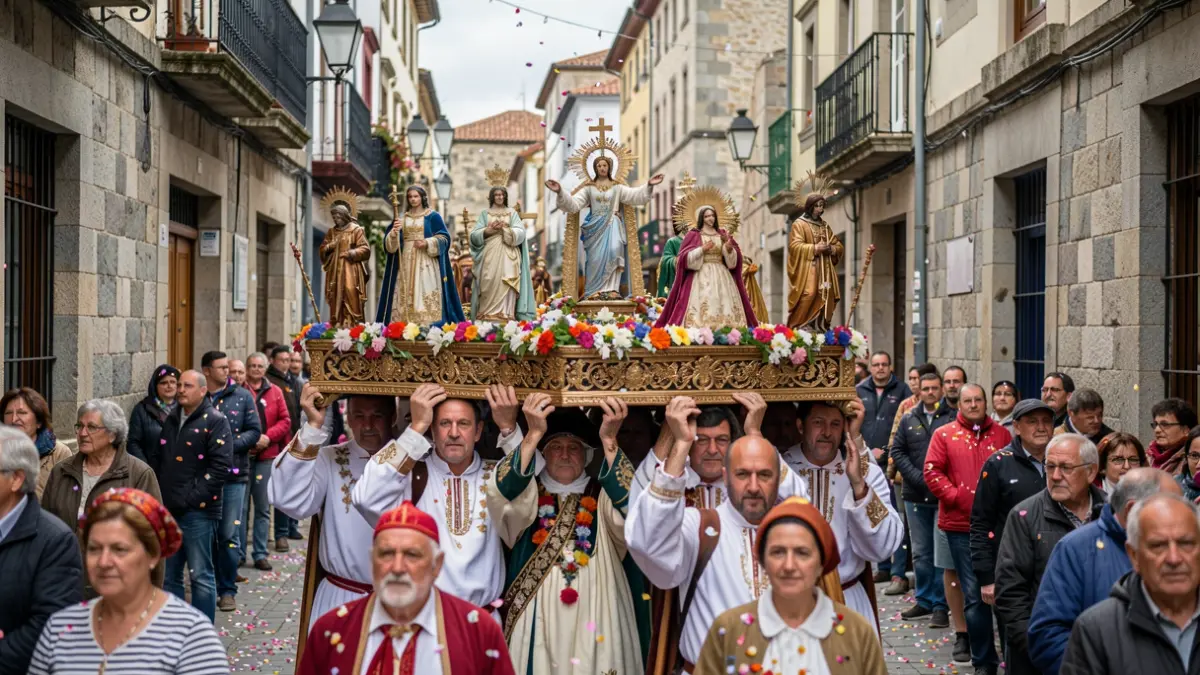 Imaxe dunha procesión do Corpus Christi en Pontevedra con imaxes relixiosas e alfombras de flores.