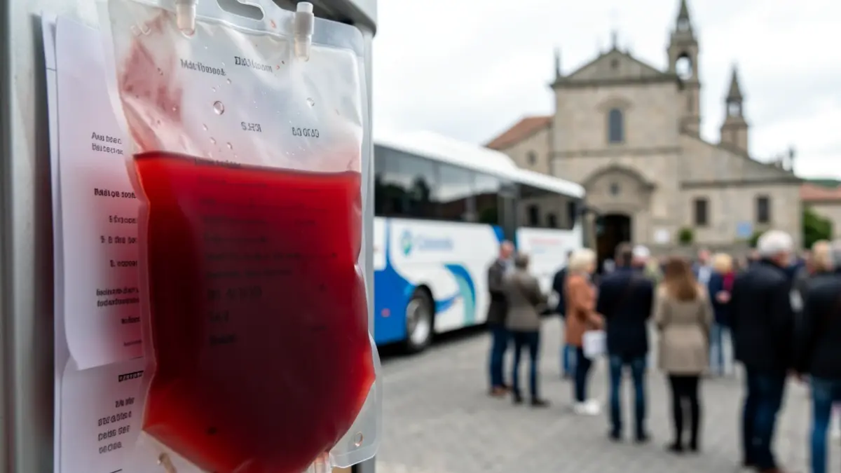 Primeira plana dunha bolsa de sangue cun fondo desenfocado dun autobús de doazón e un santuario galego.