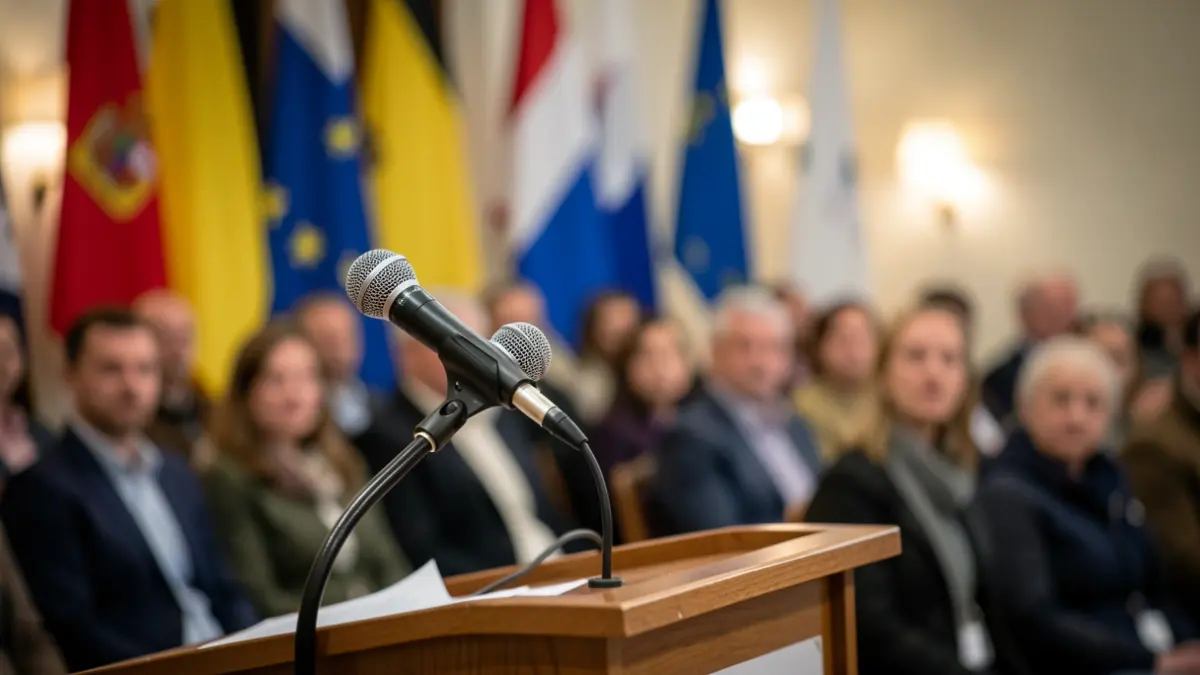 Imagen genérica de un micrófono en un atril durante un discurso político.