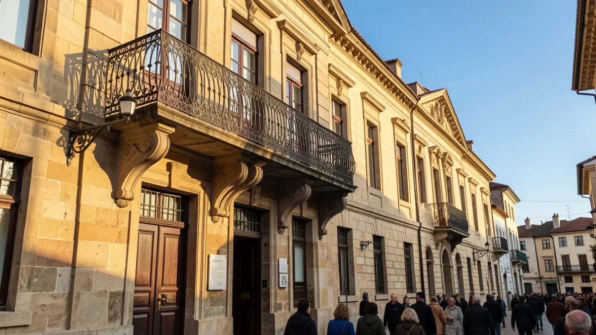 Imagen genérica de un edificio municipal de piedra con balcón y barandillas de hierro, luz solar de la tarde.