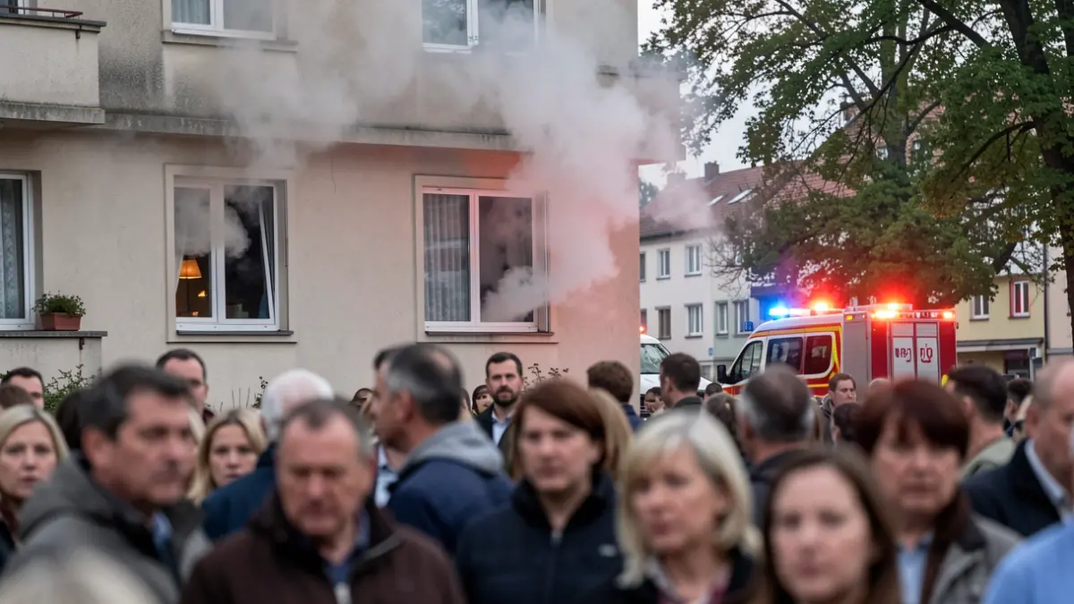 Imagen de un edificio con humo saliendo de una ventana y luces de emergencia.