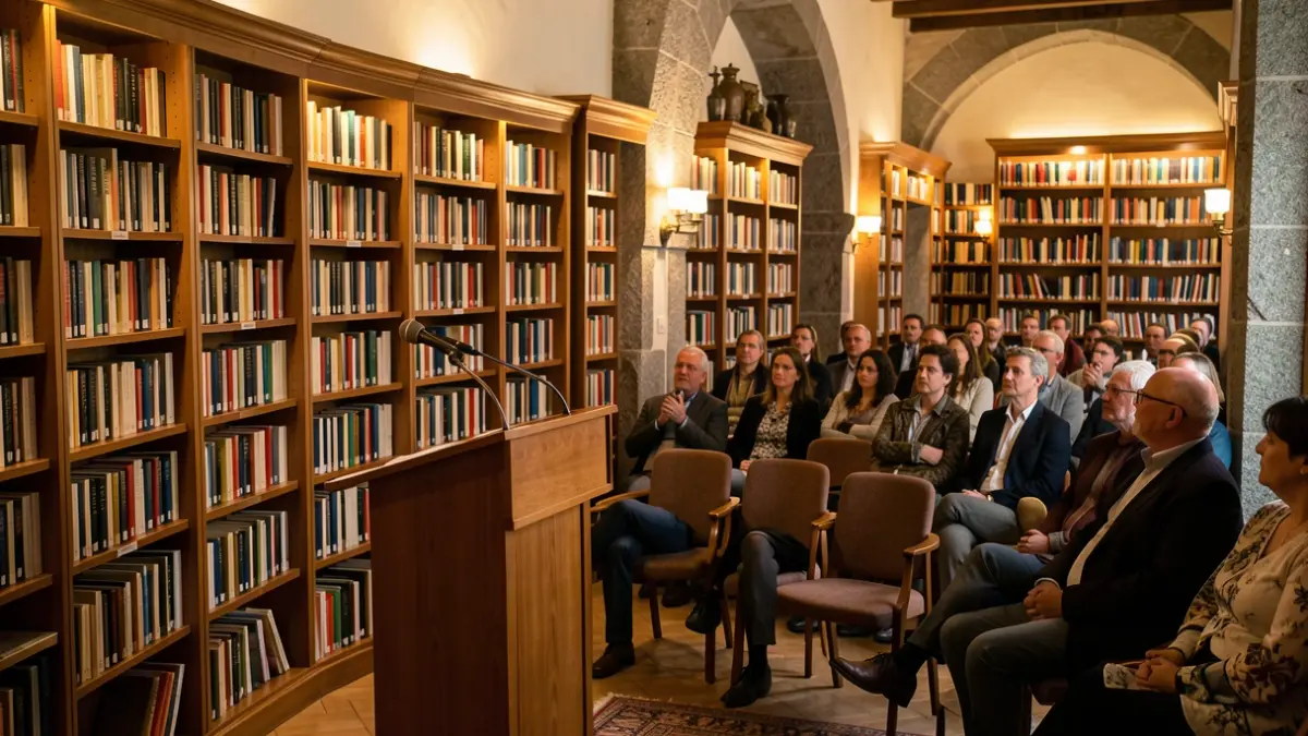 Imaxe xenérica dunha presentación de libro nunha biblioteca con ambiente cálido.