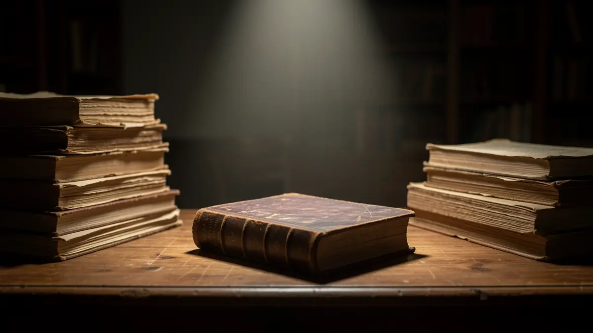 Imaxe dun libro antigo e manuscritos nun ambiente de estudo.