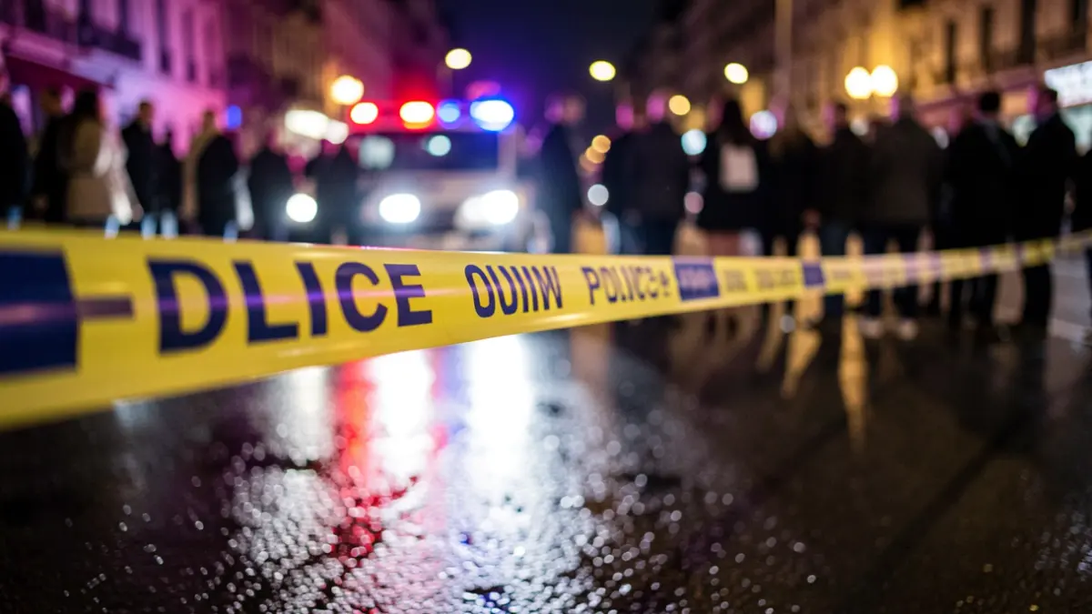 Imaxe xenérica de cinta policial e luces de emerxencia reflectidas no asfalto mollado.