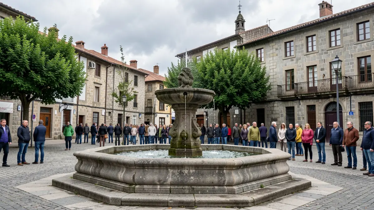 Imagen genérica de una fuente en una plaza gallega con edificios de granito.