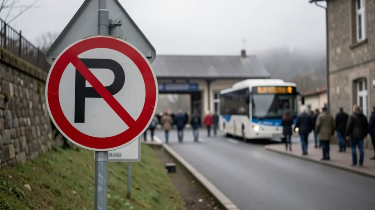 Imaxe xenérica de sinalización de prohibición de aparcamento nun acceso a unha estación de tren.