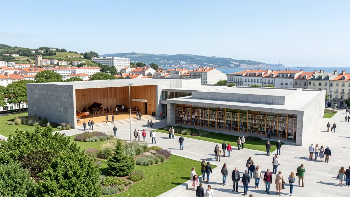 Imaxe xenérica dun complexo cultural moderno con auditorio e espazos verdes.