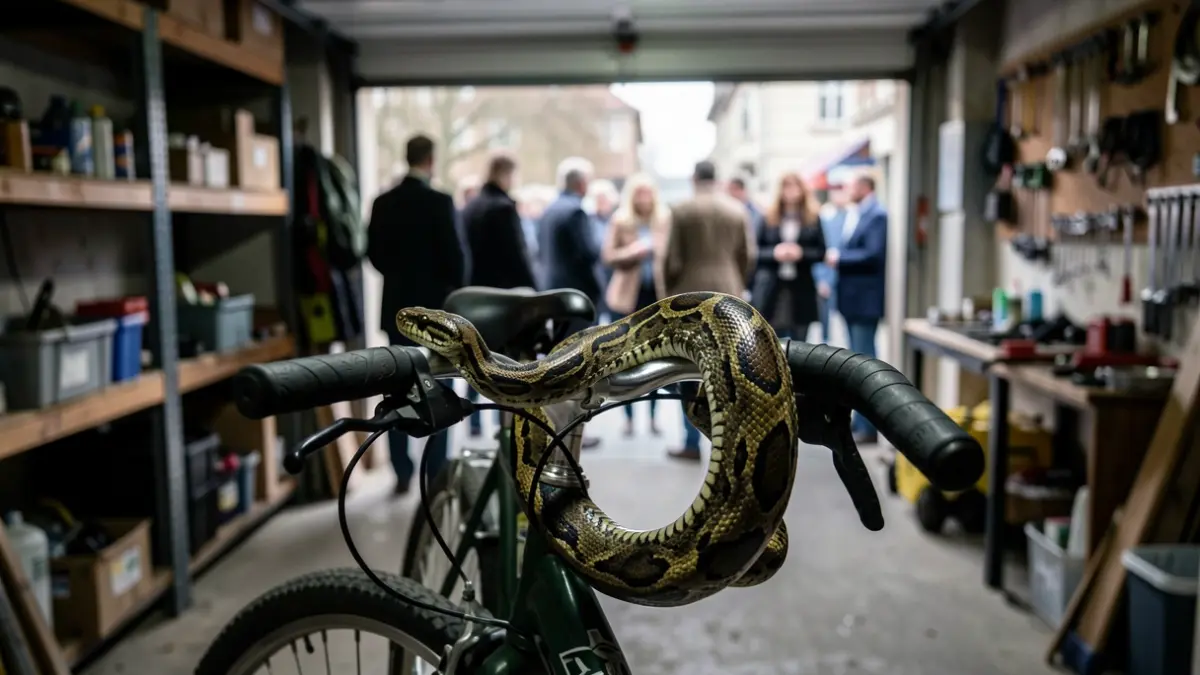 Imagen de una serpiente enroscada en una bicicleta en un garaje.