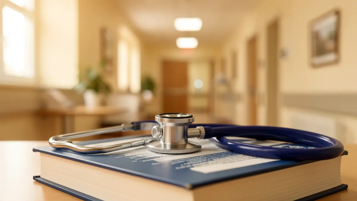Imaxe xenérica dun estetoscopio sobre un libro de medicina.