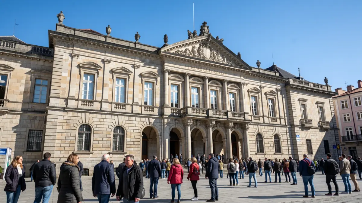 Fachada del Parlamento de Galicia con arquitectura de piedra.