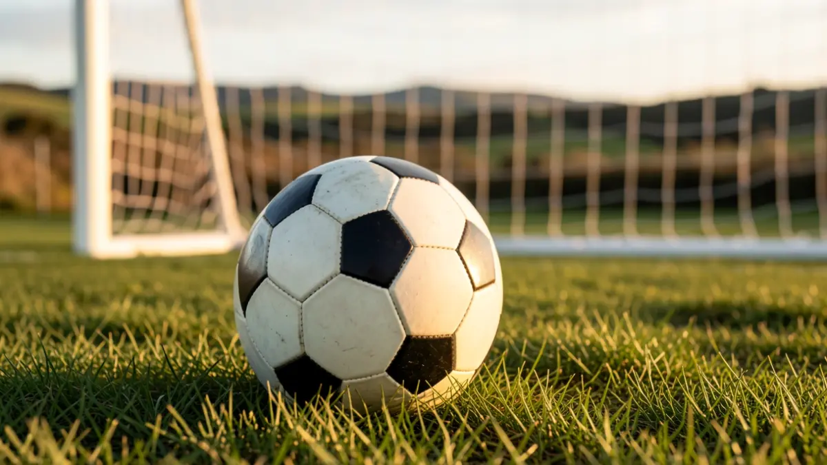 Imaxe xenérica dun balón de fútbol sobre herba con rede borrosa ao fondo.