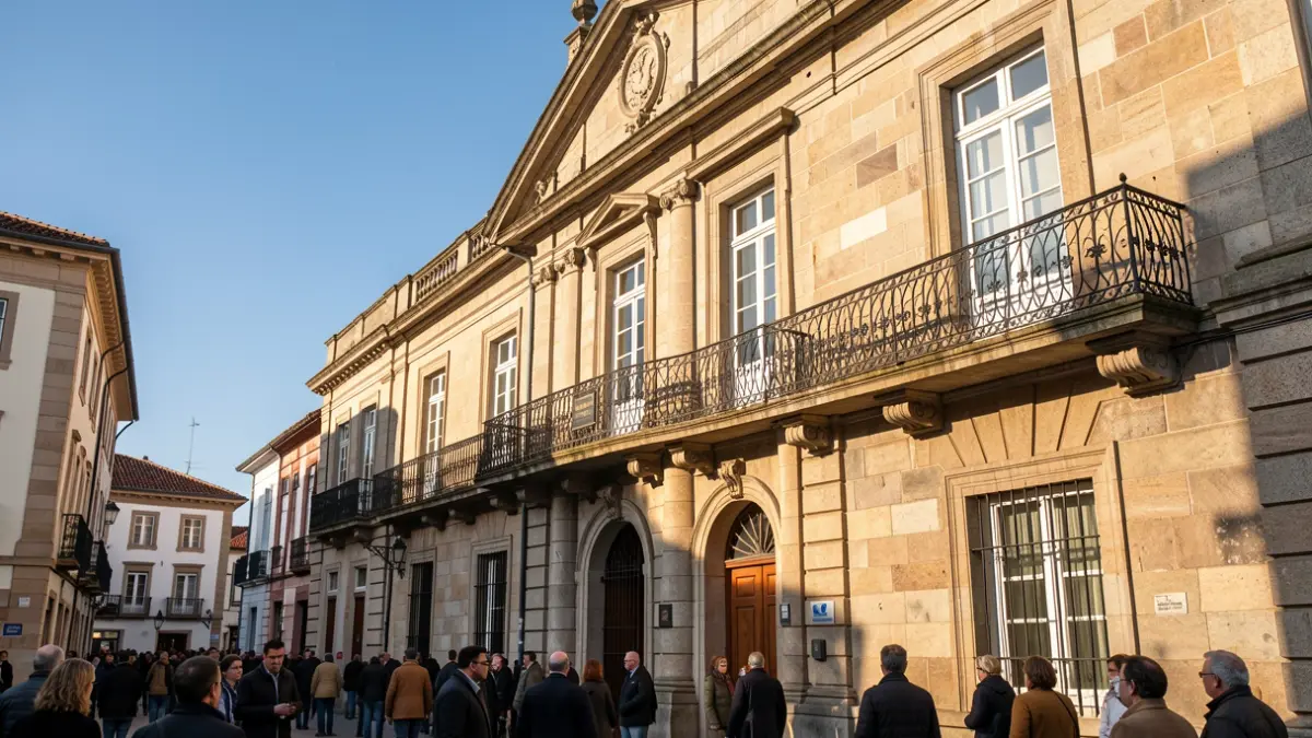 Imagen genérica de un ayuntamiento gallego de granito con balcón de hierro.