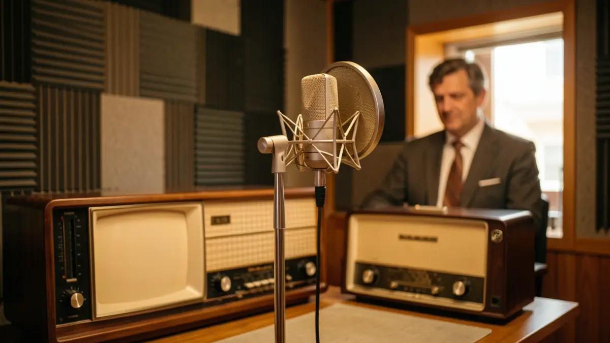 Imaxe xenérica dun estudio de radio antigo en Vigo, con micrófono e paneis de son.